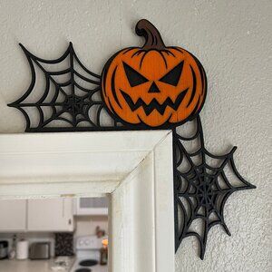 Halloween Door Corner Sign - Halloween Decorating - Pumpkin Spider Web Decor